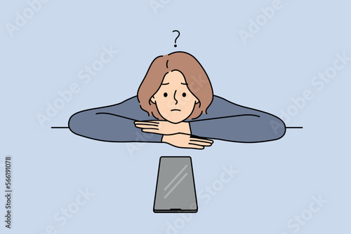 Unhappy young woman feel frustrated looking at cellphone waiting for call or message. Upset confused girl distressed with missing notification on smartphone. Vector illustration. 