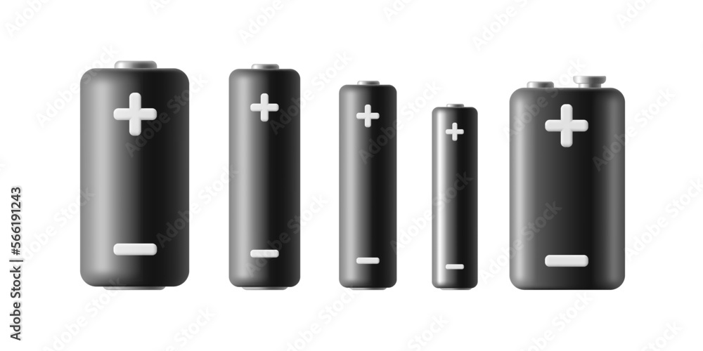 Black 3d set of batteries of different sizes with a plus and minus sign. A modern look for the design and branding on a white background. Black 3d set of batteries of different sizes with a plus and minus sign. A modern look for the design and branding on a white background.