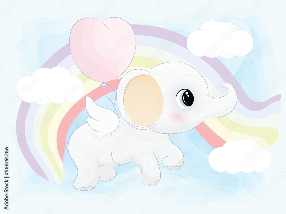 Fototapeta premium A cute little elephant flies on wings. Carries a balloon in the form of a heart. Rainbow in the background.