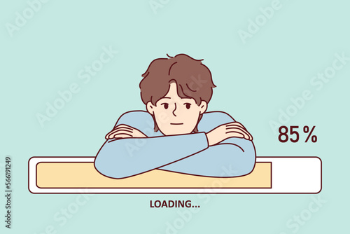 Bored man leaning on progress line loading waiting to download movie from internet. Guy put head in hands and patiently waits for completion of installation of game or software. Flat vector design 