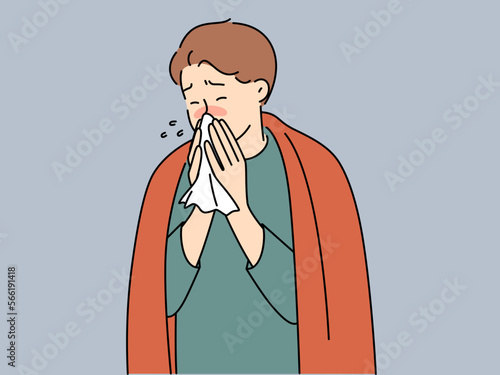 Sick man blow nose suffer from flu