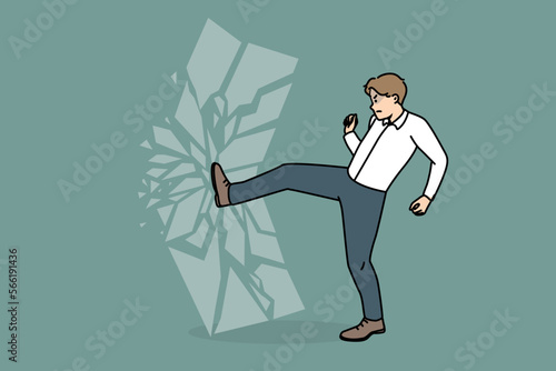 Furious decisive businessman break wall shatter imaginary barrier. Motivated angry male employee crash glass door or shutter demolish obstacle. Business motivation. Vector illustration. 