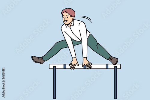 Smiling motivated businessman jumping over obstacle show problem solution. Happy male employee overcome barrier solve trouble. Challenge concept. Vector illustration. 