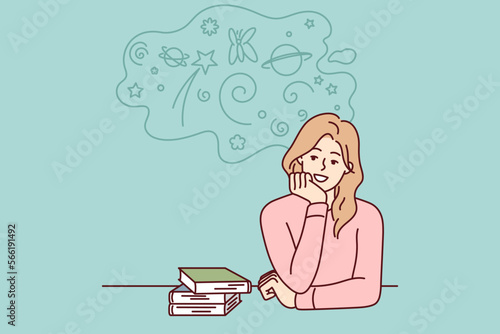 Carefree woman sitting at table with books resting chin on hand is distracted from preparing for exams. Student girl procrastinates and dreams during extracurricular work. Flat vector design 