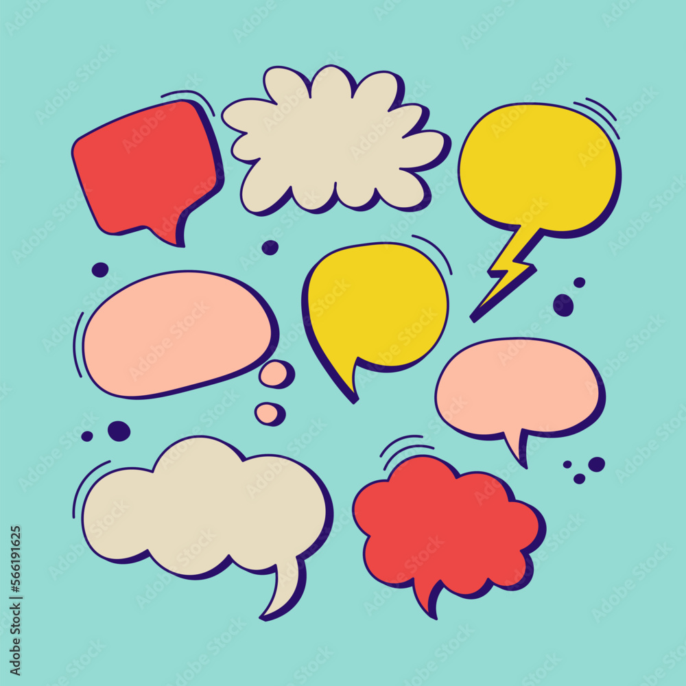 Cartoon cute speech bubble doodles. Hand drawn set of dialog windows Cartoon cute speech bubble doodles. Hand drawn set of dialog windows