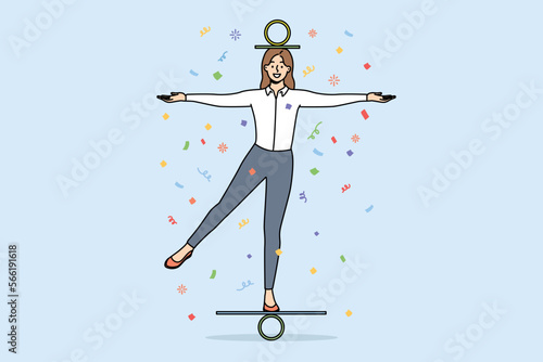Happy businesswoman balancing cope with business problems at workplace. Smiling female employee or worker show balance at work. Vector illustration. 
