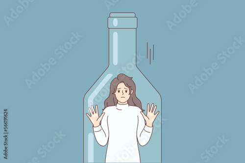 Depressed woman standing inside transparent bottle cant get out due to alcohol abuse. Young girl is trapped in need of treatment and rehab from strong drinks addiction. Flat vector illustration