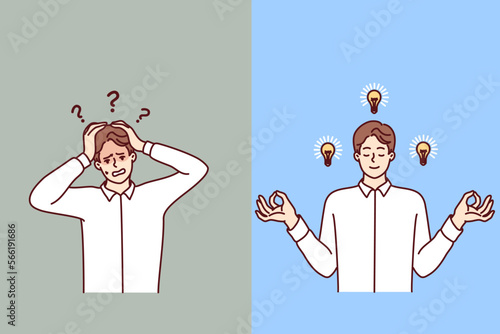 Discouraged man clutching head and meditating guy with light bulbs near face. Calm human with lot of ideas and frightened office worker who doesnt know what to do. Flat vector illustration