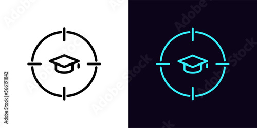 Outline education target icon, with editable stroke. Aim frame with academic hat sign, knowledge priority pictogram. Business learning, higher education, MBA, focus on study.