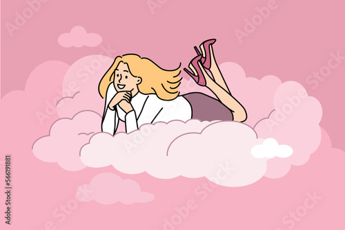 Smiling young woman lying on cloud dreaming or visualizing. Happy female up in air daydreaming or imagining future. Dreamer lifestyle. Vector illustration. 