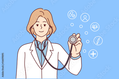 Positive woman doctor puts stethoscope to camera wanting to help patient in getting rid of diseases. Girl clinic employee for health care or medical insurance concept. Flat vector illustration