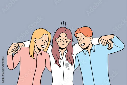 Supportive employees carry unhappy distressed female colleague suffering from failure or misfortune. Caring workers assist support woman coworker. Teamwork. Vector illustration. 