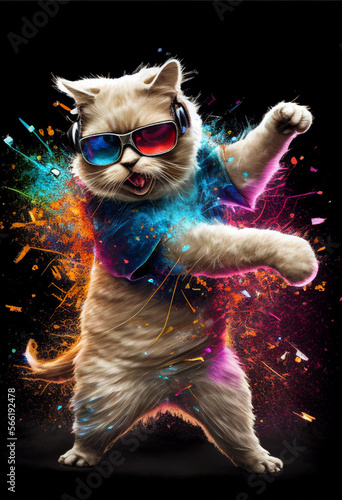 Funny cat dancing at the disco in the club. AI generated