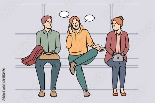 Smiling young man talk loud in line in public place. Happy millennial guy speaking loudly on cellphone in queue. Vector illustration. 