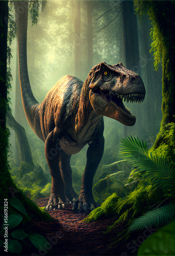 Fototapeta Naklejka Na Ścianę i Meble -  Huge dinosaur in the ancient forest with ferns. AI generated.