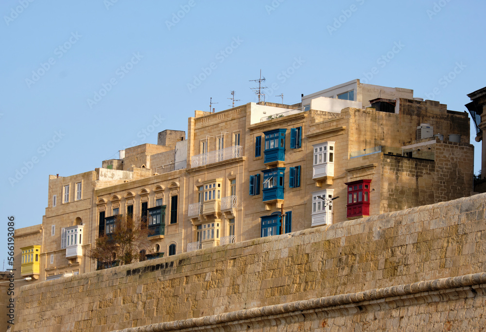Traditional balconies wooden in a Valletta street - luxury mansions baroque style , Malta.