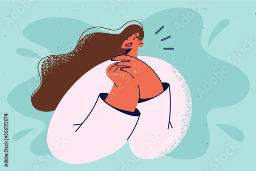 Smiling woman make hand gesture feeling appreciation