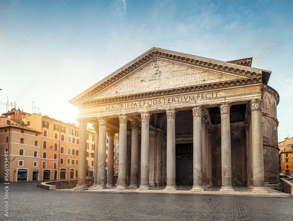 The empty Rotonda Square (Piazza della Rotonda) and the ancient building of Pantheon in peaceful sunny morning, Rome, Italy