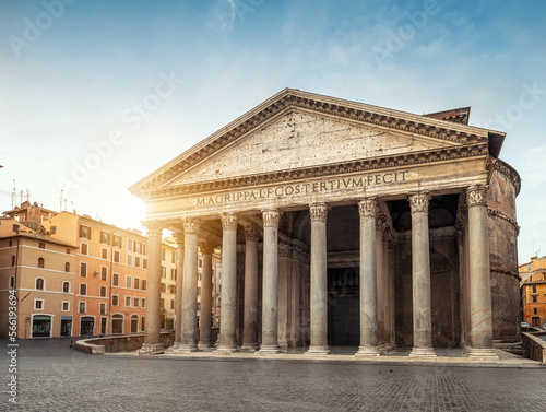 The empty Rotonda Square (Piazza della Rotonda) and the ancient building of Pantheon in peaceful sunny morning, Rome, Italy