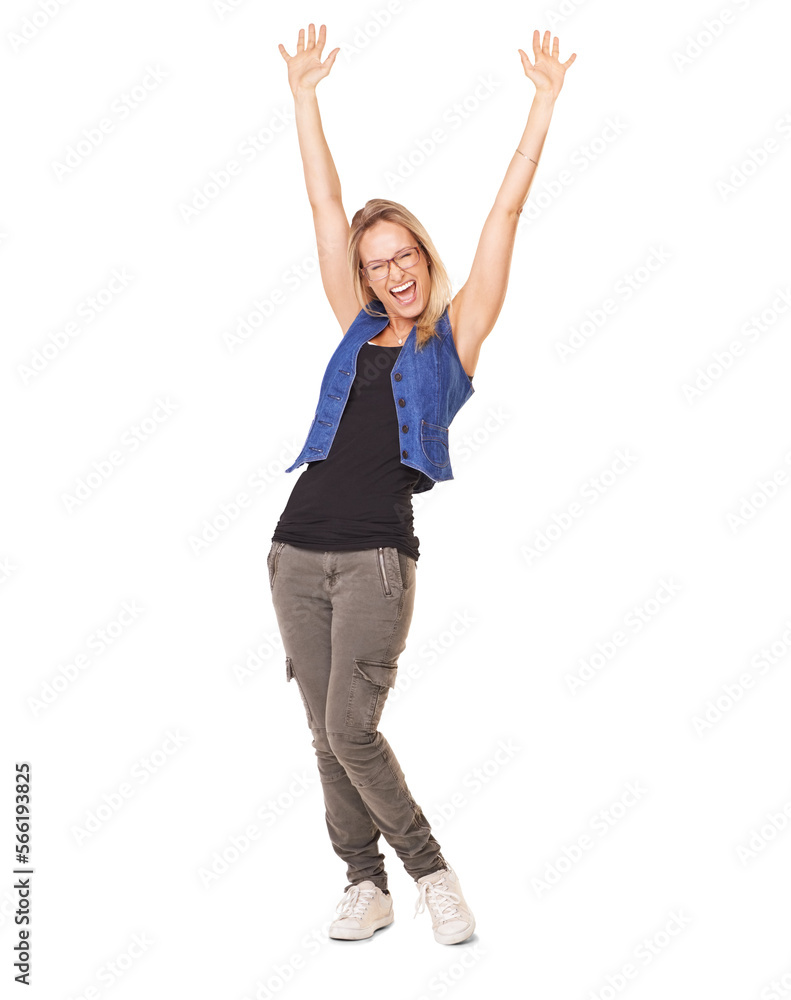Portrait of a carefree young blonde posing with her hands in the air Isolated on a PNG background. Portrait of a carefree young blonde posing with her hands in the air Isolated on a PNG background.