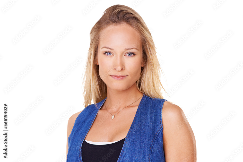 portrait of a confident young blonde in a denim waistcoat looking at the camera Isolated on a PNG background. portrait of a confident young blonde in a denim waistcoat looking at the camera Isolated on a PNG background.