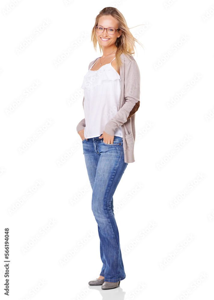 Portrait of a gorgeous young blonde wearing glasses and standing with her hands in her pockets Isolated on a PNG background. Portrait of a gorgeous young blonde wearing glasses and standing with her hands in her pockets Isolated on a PNG background.