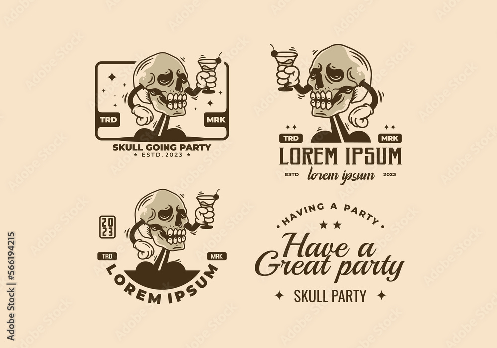 character illustration badge of skull head holding a wine glass Stock