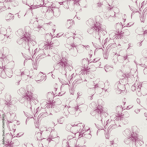 Wildflower Sakura flower pattern in a one line style. Sketch wild flower for background, texture, wrapper pattern, frame or border. © samiradragonfly