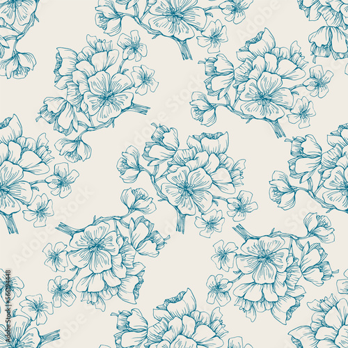 Fototapeta Naklejka Na Ścianę i Meble -  Wildflower Sakura flower pattern in a one line style. Sketch wild flower for background, texture, wrapper pattern, frame or border.