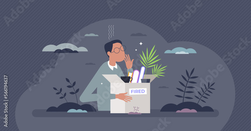 Tech sector layoffs as job loss at technology companies tiny person concept. Massive staff work downsize and economy crisis with unemployment problem vector illustration. Frustrated jobless workforce photo