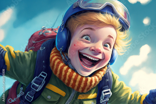 illustration for a children's book of a smiling child skydiving - AI generative