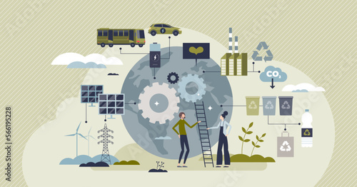 Green supply chain and ecological cargo distribution tiny person concept. Product manufacturing cycle with sustainable, nature friendly or environmental business process principles vector illustration