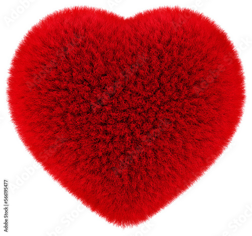 Furry red heart isolated on a transparent background. Cut out object in 3D illustration with Valentines and love concept