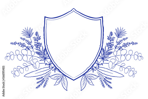 Blue and white wedding Crest template with herbs, eucalyptus and fern branches. Chinoiserie inspired.