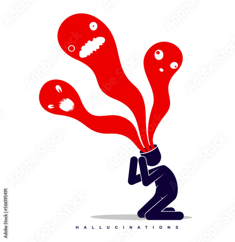 Psychical problems such as phobia psychosis schizophrenia hallucinations vector concept illustration in flat trendy style, psychiatry and psychology allegory, man with monster from his head.
