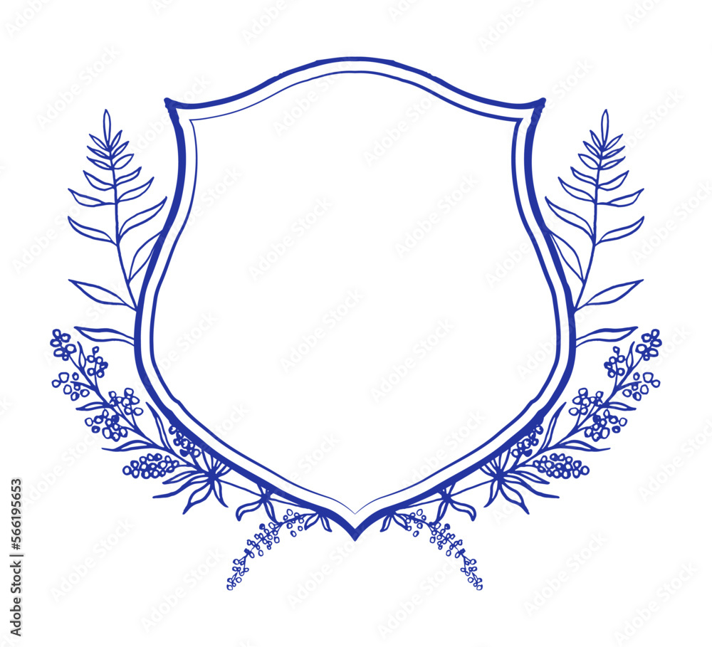 Blue and white wedding Crest template with herbs, eucalyptus and fern