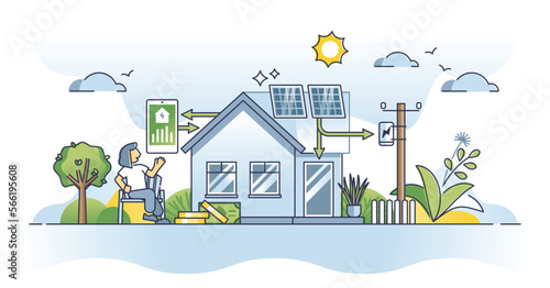 Solar panel energy savings for power economy calculation outline concept. Green, sustainable and nature friendly renewable electricity source with smart sun collector system vector illustration.