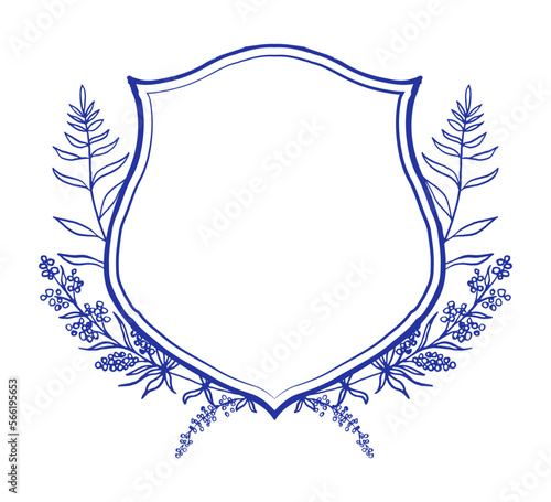 Blue and white wedding Crest template with herbs, eucalyptus and fern branches. Chinoiserie inspired.