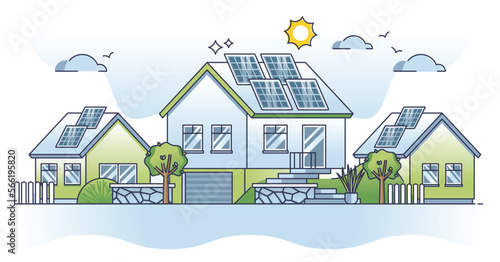 Solar powered residential house with alternative power source outline concept. Electricity supply with sun cells as ecological, sustainable and nature friendly rooftop solution vector illustration.