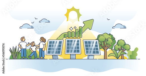 Solar power efficiency with sun panels electricity economy outline concept. Alternative energy with nature friendly or renewable technology financial calculation for savings growth vector illustration