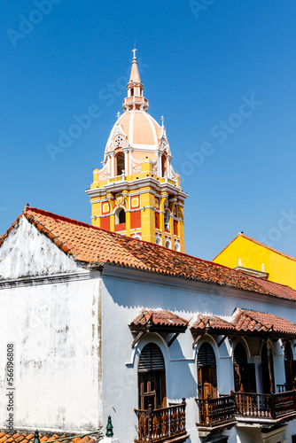 View at the tower of the Cartagena cathedral and an old colonial house in the center of Cartagena de las Indias, Colombia, South America