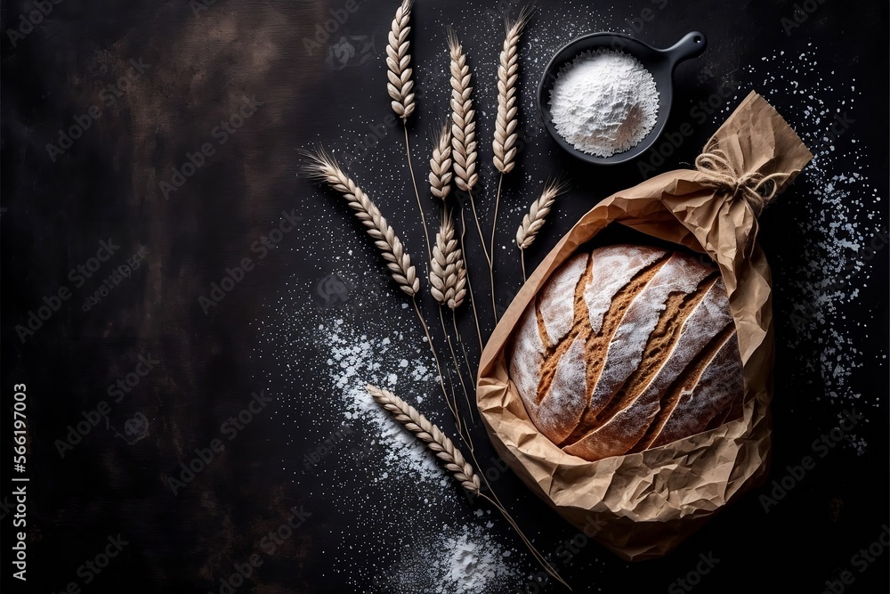 Naklejka premium Rustic bread, flour sprinkled from white paper bag, crock and ears of wheat - kitchen. Captured from above (top view, flat lay) on black slate background. Layout with free text space