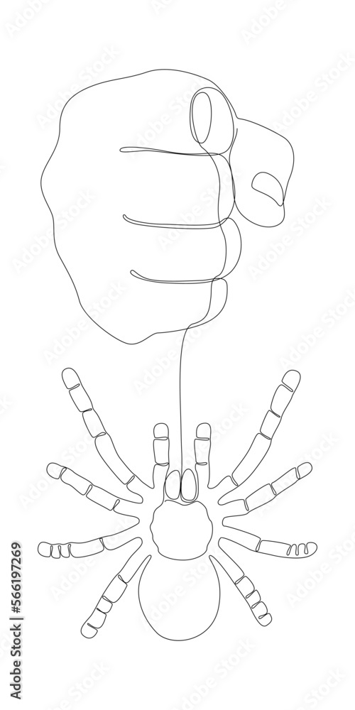 One continuous line of hand holding spider. Thin Line Illustration vector concept. Contour Drawing Creative ideas. One continuous line of hand holding spider. Thin Line Illustration vector concept. Contour Drawing Creative ideas.