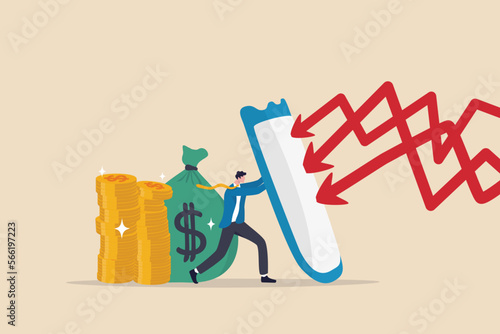Financial security, money loss or wealth protection, defense from cyber attack or economic recession concept, strong businessman holding shield to protect from red arrow attacking financial security.