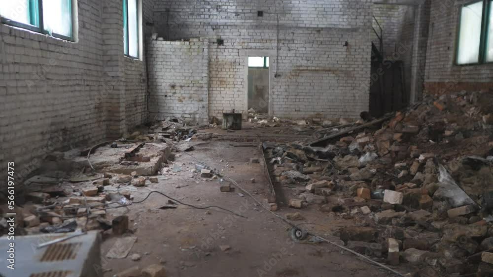 abandoned and dirty brick building slow motion first person view