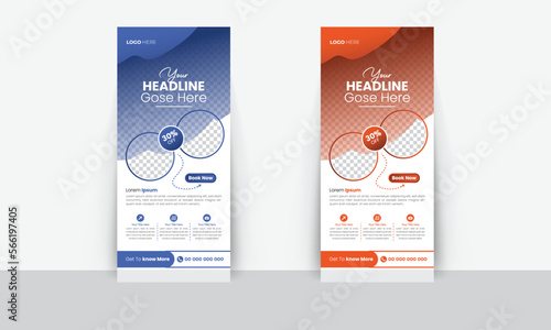 Tour and Travel rollup or X banner design template for business or travel. Design a vertical brochure with mountains and a field, with a place for photos and information. Vector illustration. Set