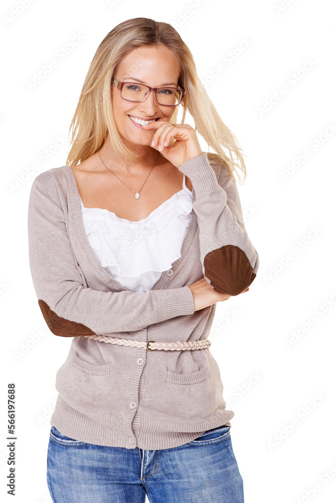 portrait of a Lovely young woman wearing glasses smiling at the camera with her arms folded Isolated on a PNG background. portrait of a Lovely young woman wearing glasses smiling at the camera with her arms folded Isolated on a PNG background.