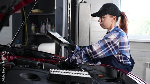 Caucasian female auto mechanic changes the engine air filter in the car.