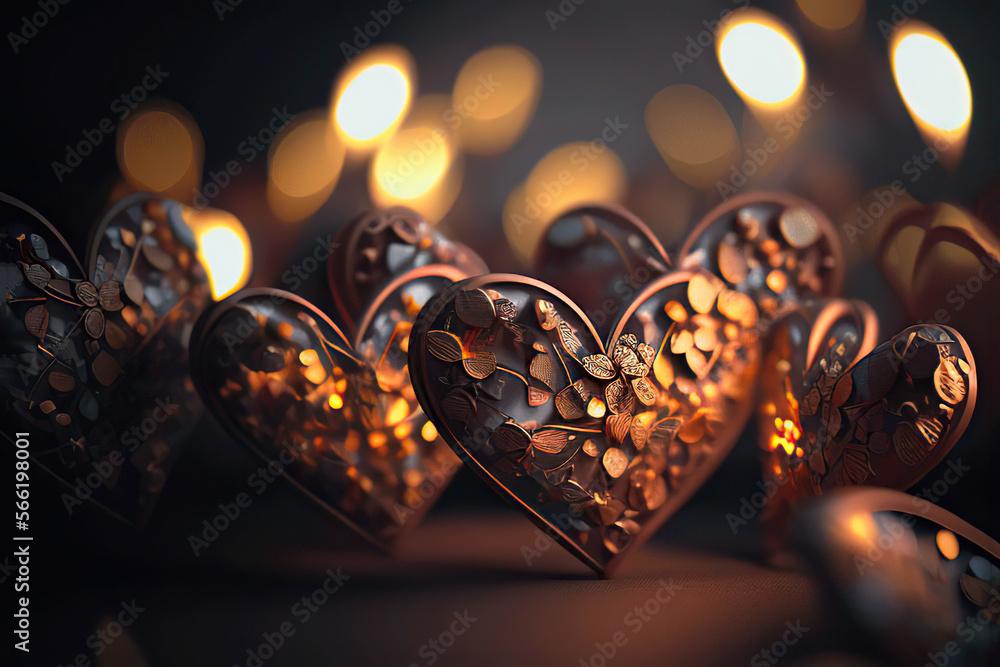 Beautiful golden patterned hearts, dark background with golden bokeh, love, valentine, Generative AI Beautiful golden patterned hearts, dark background with golden bokeh, love, valentine, Generative AI