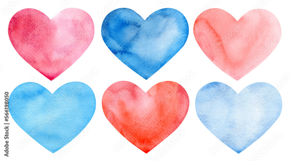 Set of hand painted watercolor pink and blue hearts isolated on a white background.